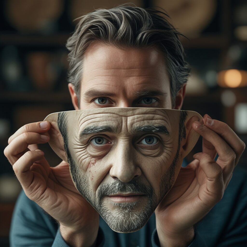 A man holding a mask of his old self, showing how relationships change us in ways we don’t realize.