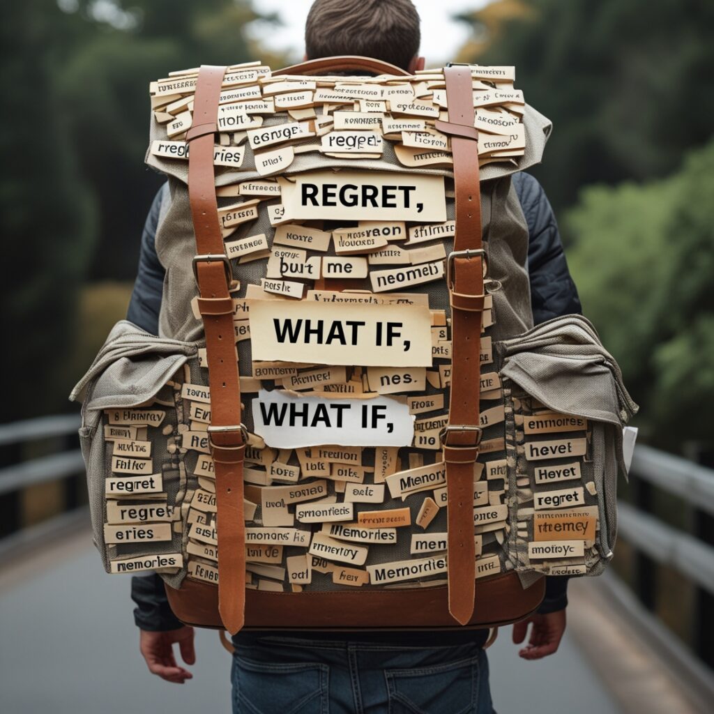 A man carrying a heavy backpack filled with words like "Regret," "What If," and "Memories", symbolizing emotional baggage.
