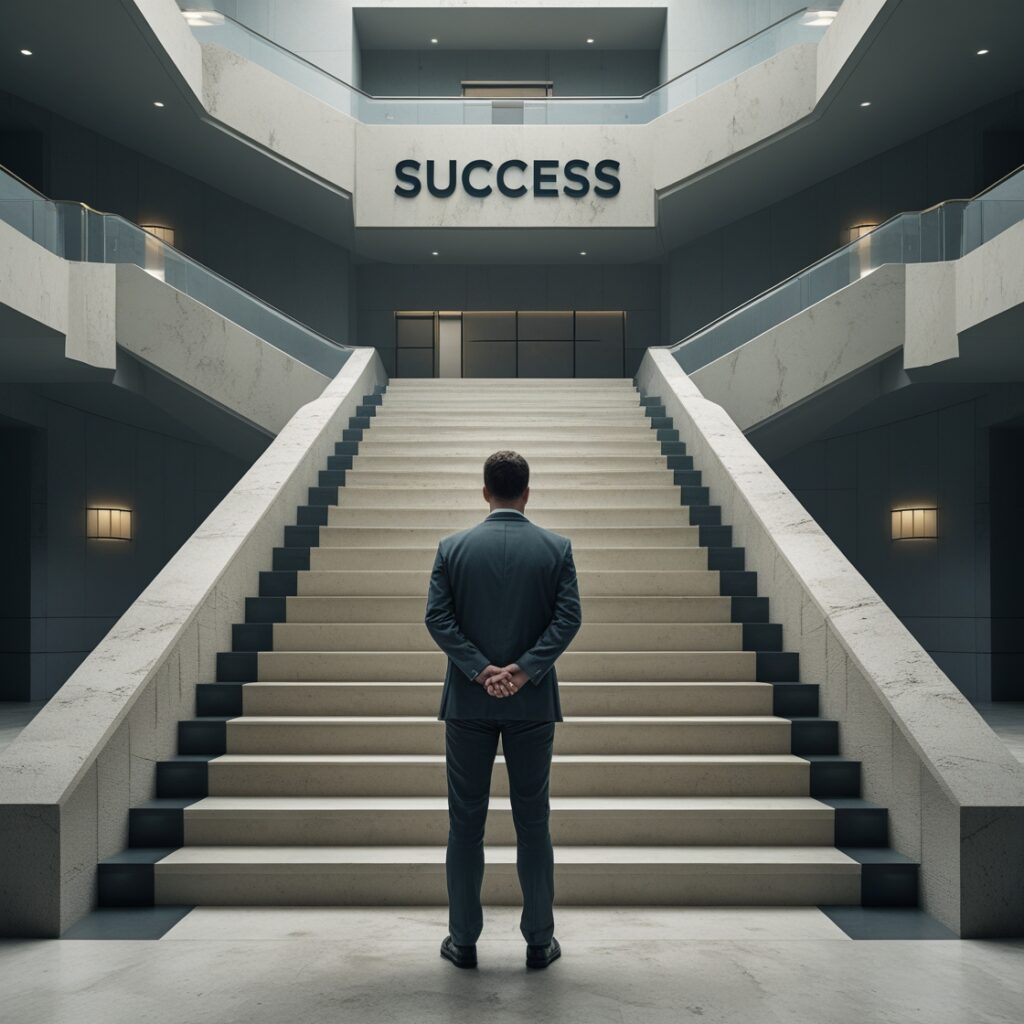 A man standing at the bottom of a massive staircase labeled “Success”, symbolizing the climb ahead.