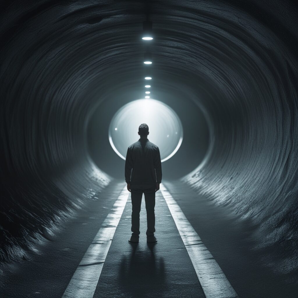 A man standing alone in a dark tunnel, with light at the end, symbolizing hope and transition