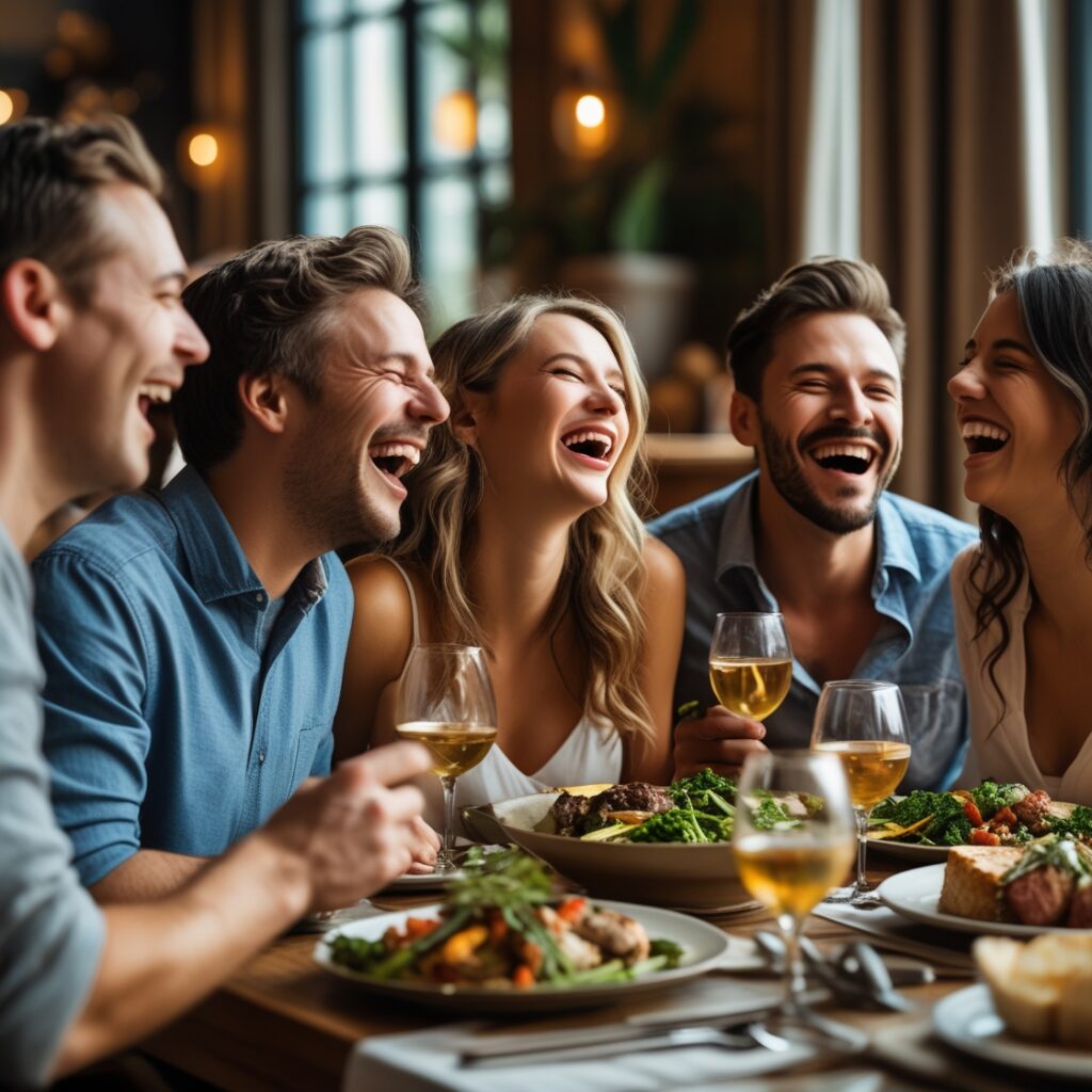 A group of friends having fun at a restaurant