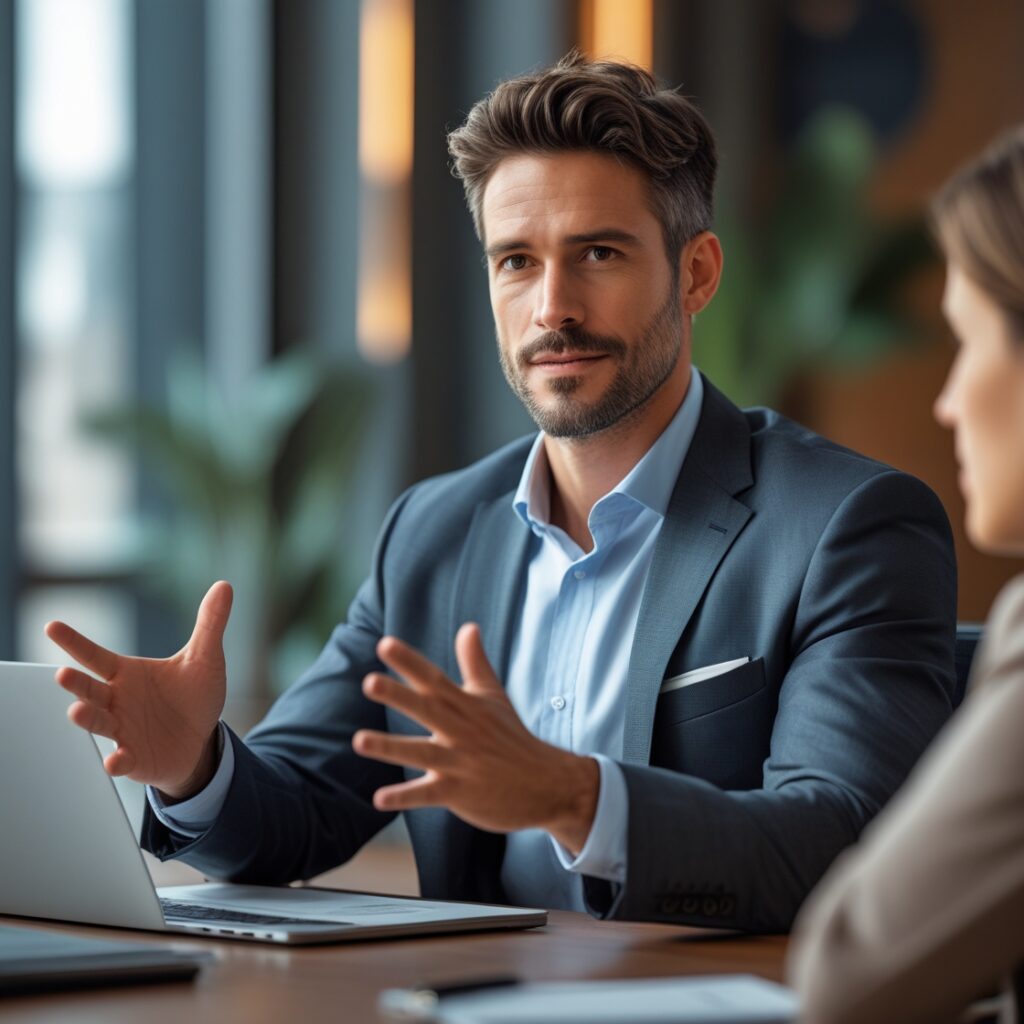 A man in a business meeting, confidently presenting