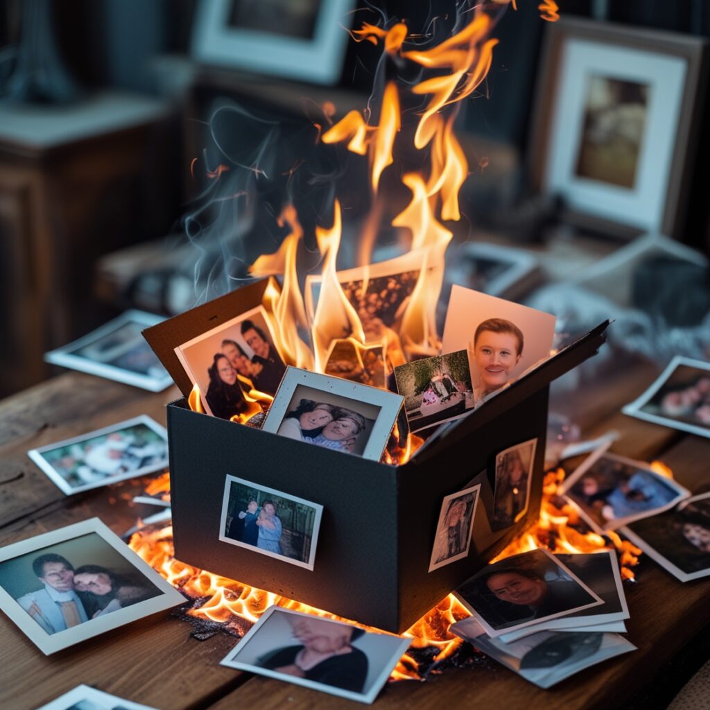 A burning box filled with old photos and memories, symbolizing letting go.