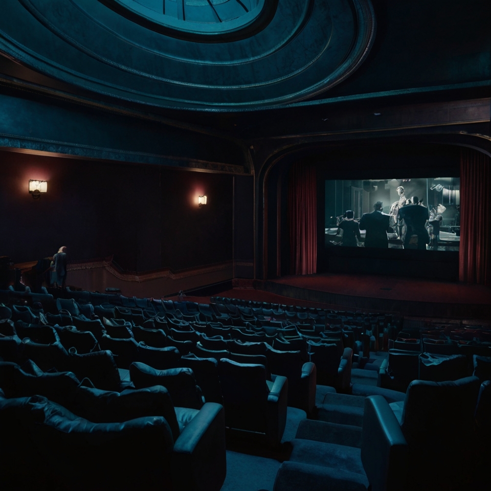 A dark movie theater with a man watching a replay of past memories, showing how he’s stuck in a fantasy version of the past.