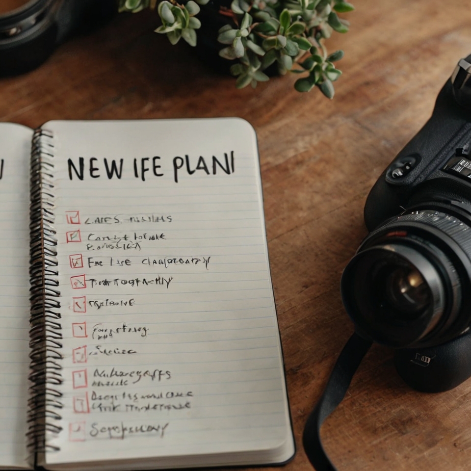 A notebook with a fresh list of goals titled ‘New Life Plan’, representing using heartbreak as motivation for self-growth.