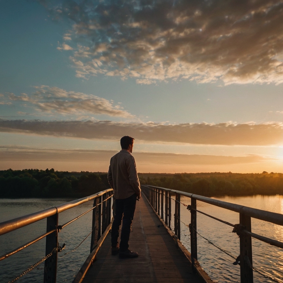 A man standing on a bridge, looking forward, as the sun rises, symbolizing hope, healing, and new opportunities.