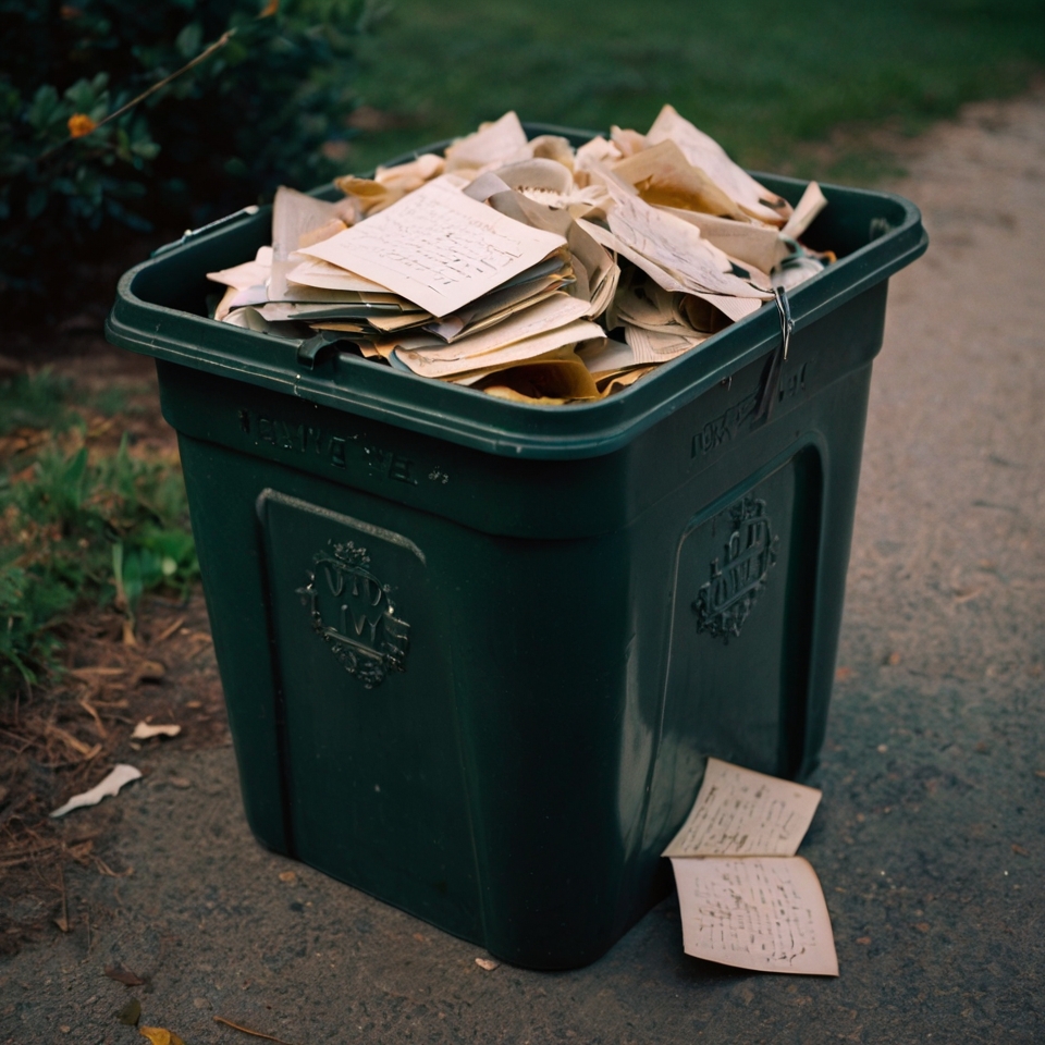 A trash can filled with old love letters, gifts, and photos, showing the act of letting go.