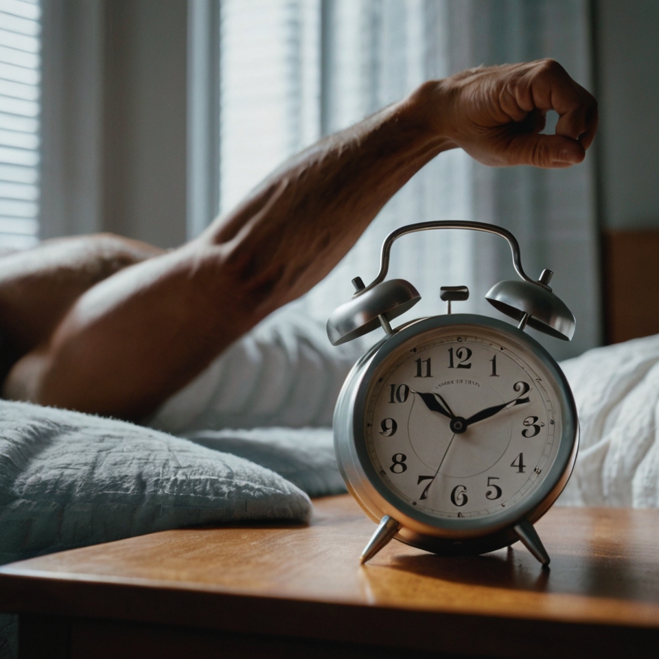 A morning alarm clock with a man waking up and stretching, symbolizing a fresh start and structured routine.
