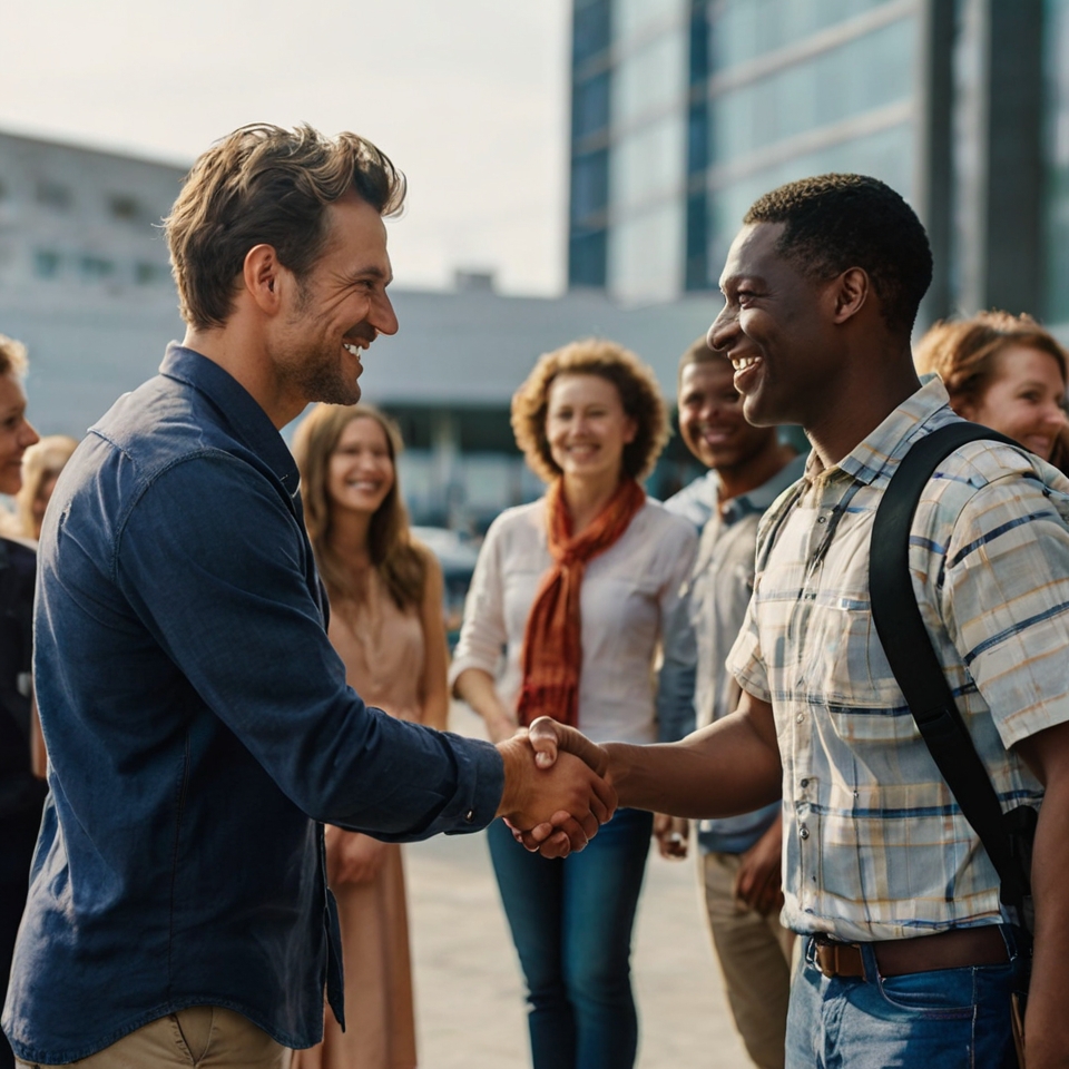 A man shaking hands with new people at an event, symbolizing expanding his network and making new connections.