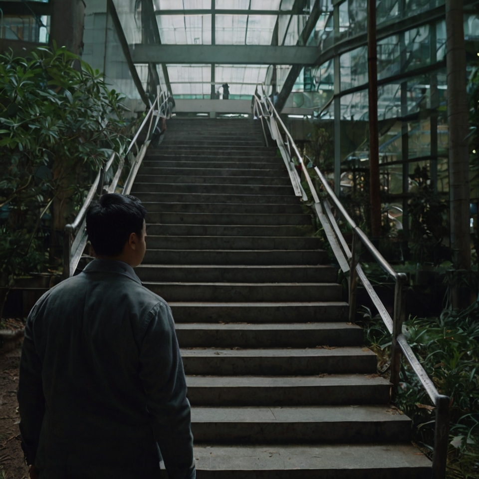 A man looking at a long staircase labeled ‘Growth’, representing the journey toward a better version of himself.
