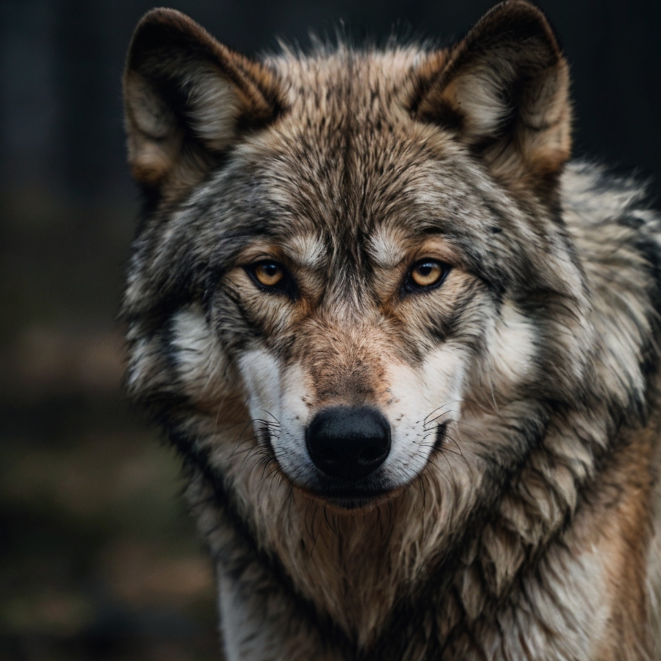 A wolf staring ahead, fearless and unshaken, showing ultimate resilience and transformation.