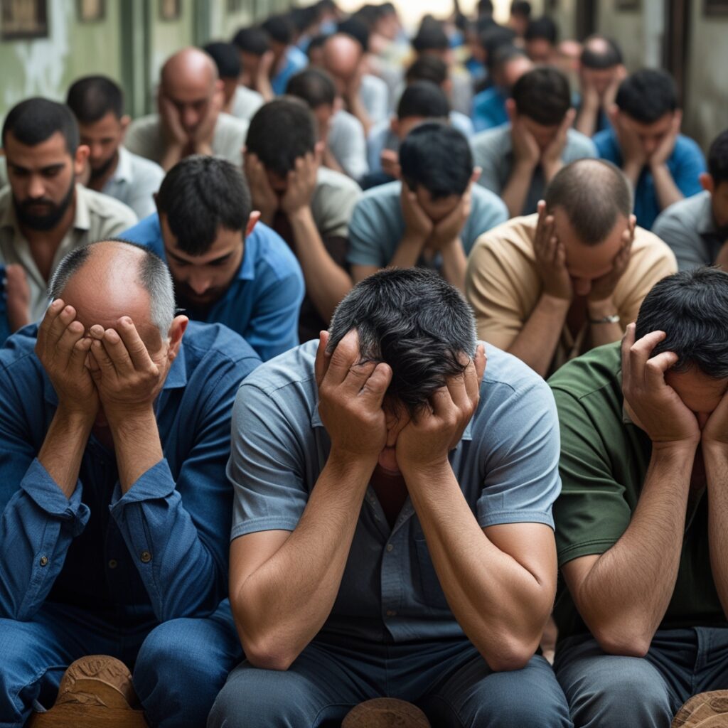 A row of men sitting in the same position, heads in hands, representing the universality of breakups.