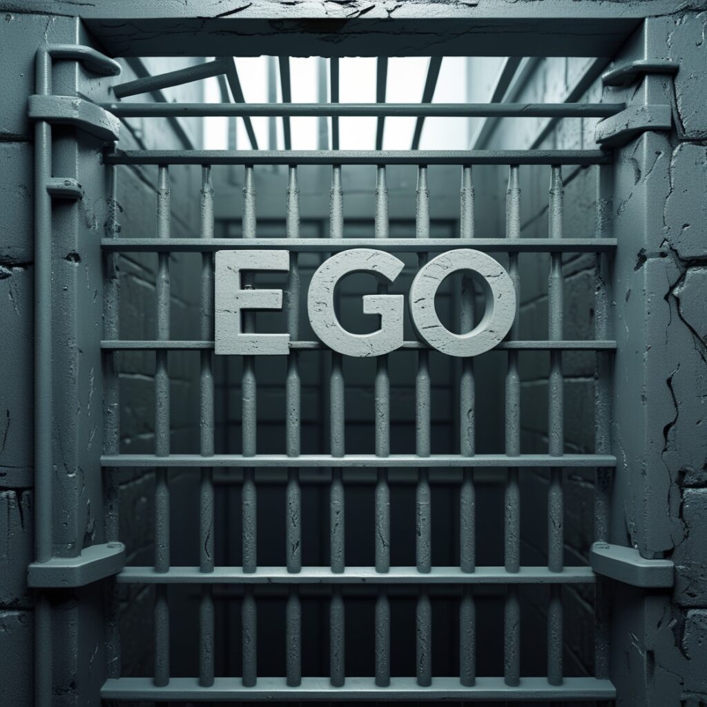 A prison cell with the word "EGO" written on the bars, representing how pride keeps men stuck after a breakup.