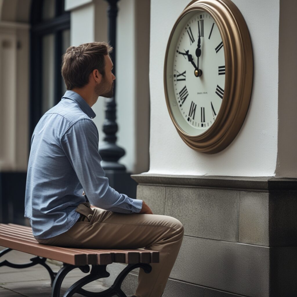 A man sitting on a bench watching a clock tick, waiting for change that won’t come, symbolizing the false hope of “time will heal”.