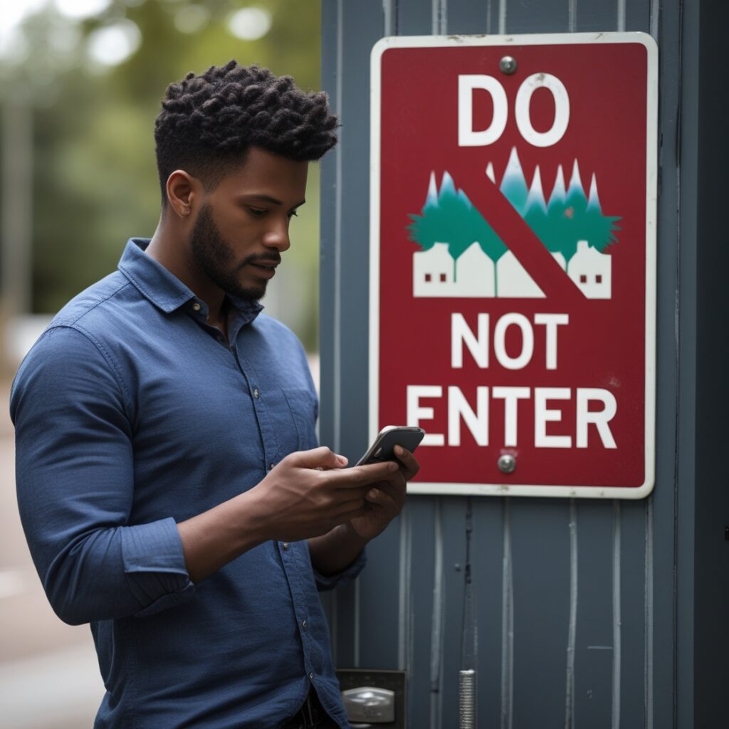 A man standing in front of a “Do Not Enter” sign while looking at his phone, symbolizing the temptation to reach out when he shouldn’t.
