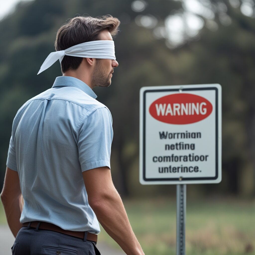 A man with a blindfold on, walking toward a warning sign, symbolizing how love blinds people to reality