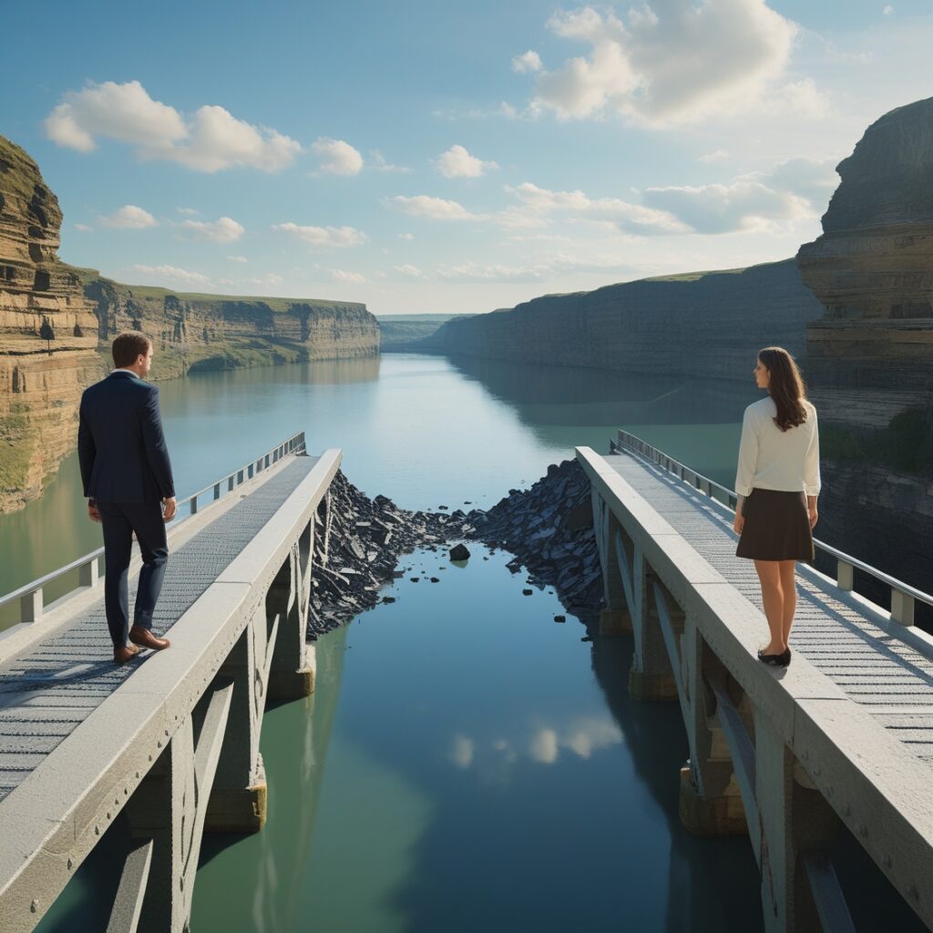 A bridge collapsing mid-way, leaving a gap between two people on opposite sides, representing how love alone won’t bridge fundamental differences.