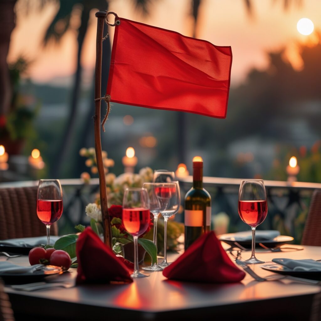 A red flag planted in the middle of a romantic dinner table, symbolizing hidden warning signs.