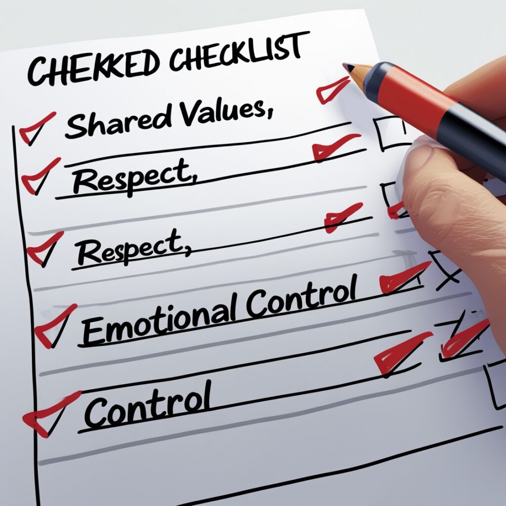 A checklist with items like “Shared Values,” “Respect,” and “Emotional Control” checked off, representing what truly matters in a relationship.