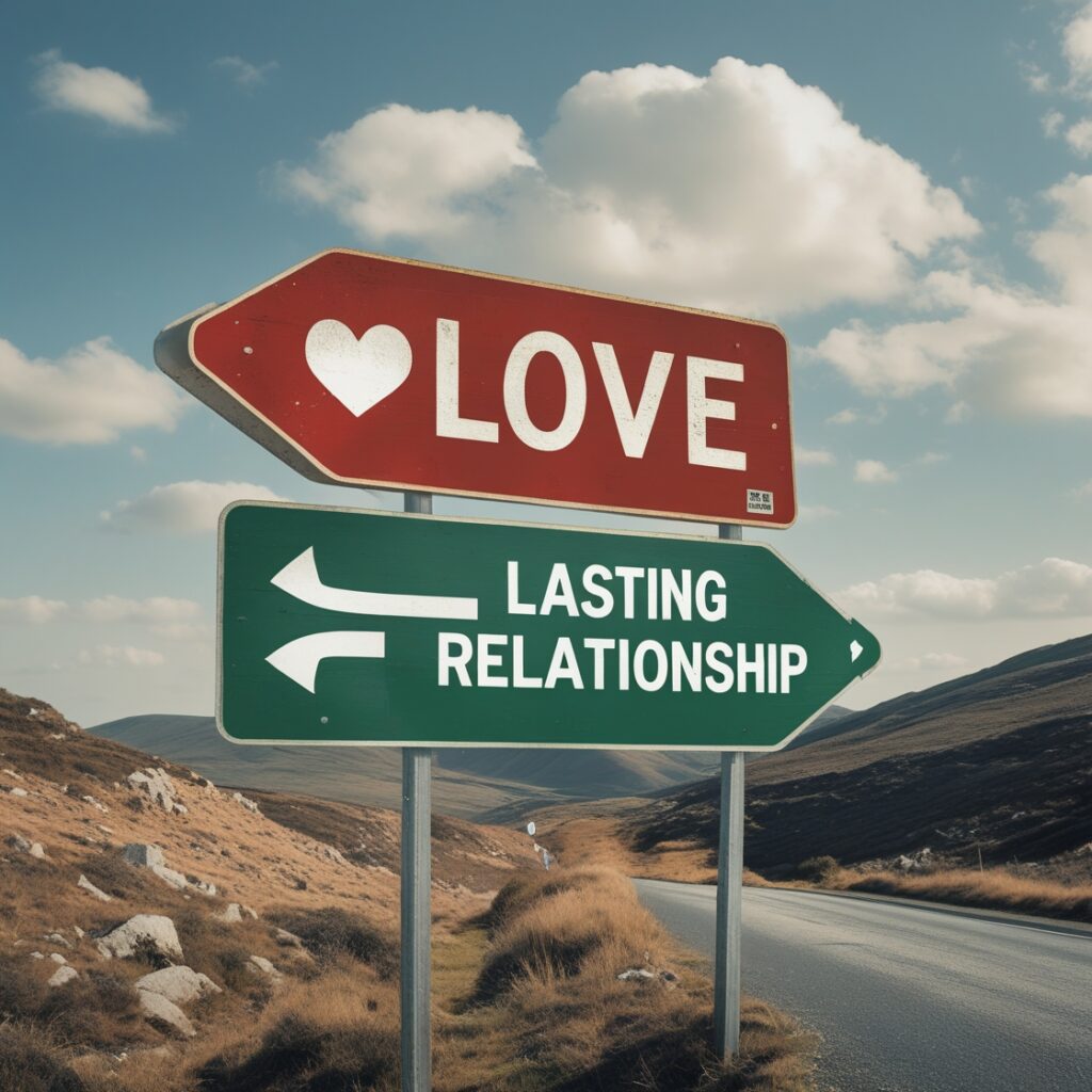 A road sign that says “Love” pointing one way and “Lasting Relationship” pointing the other, showing the difference between passion and sustainability