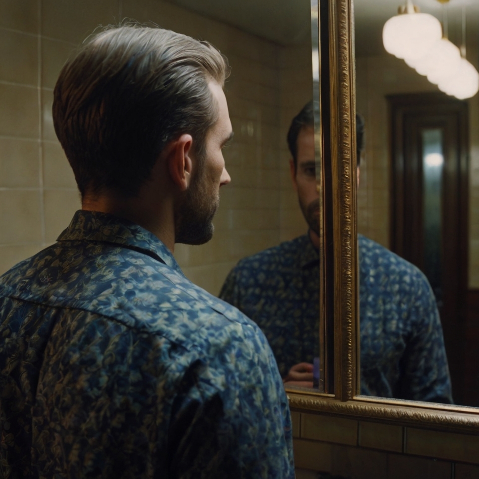 A man standing in front of a mirror with his reflection looking backward while he faces forward, symbolizing the internal conflict of being stuck in the past while trying to move forward.