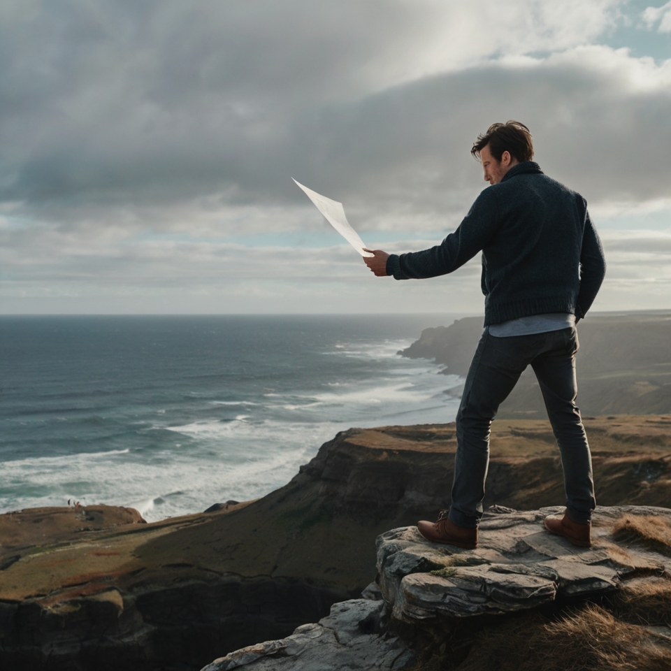 A man standing at the edge of a cliff, letting go of a piece of paper that the wind is blowing away, symbolizing emotional freedom and the release of the past.