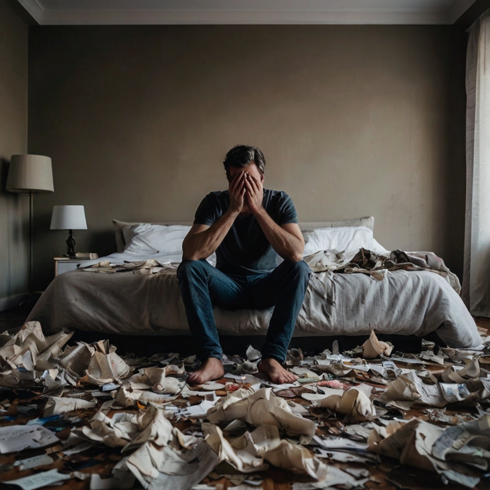 A man sitting on the edge of his bed, head in hands, surrounded by crumpled pieces of paper or torn photos, symbolizing emotional turmoil and rejection