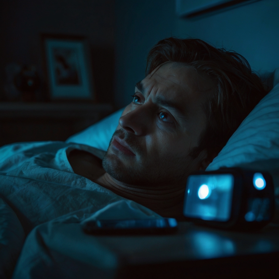A close-up of a man lying awake in bed, eyes wide open, staring at the ceiling, with a phone glowing on the nightstand to signify sleepless nights and obsessive thoughts