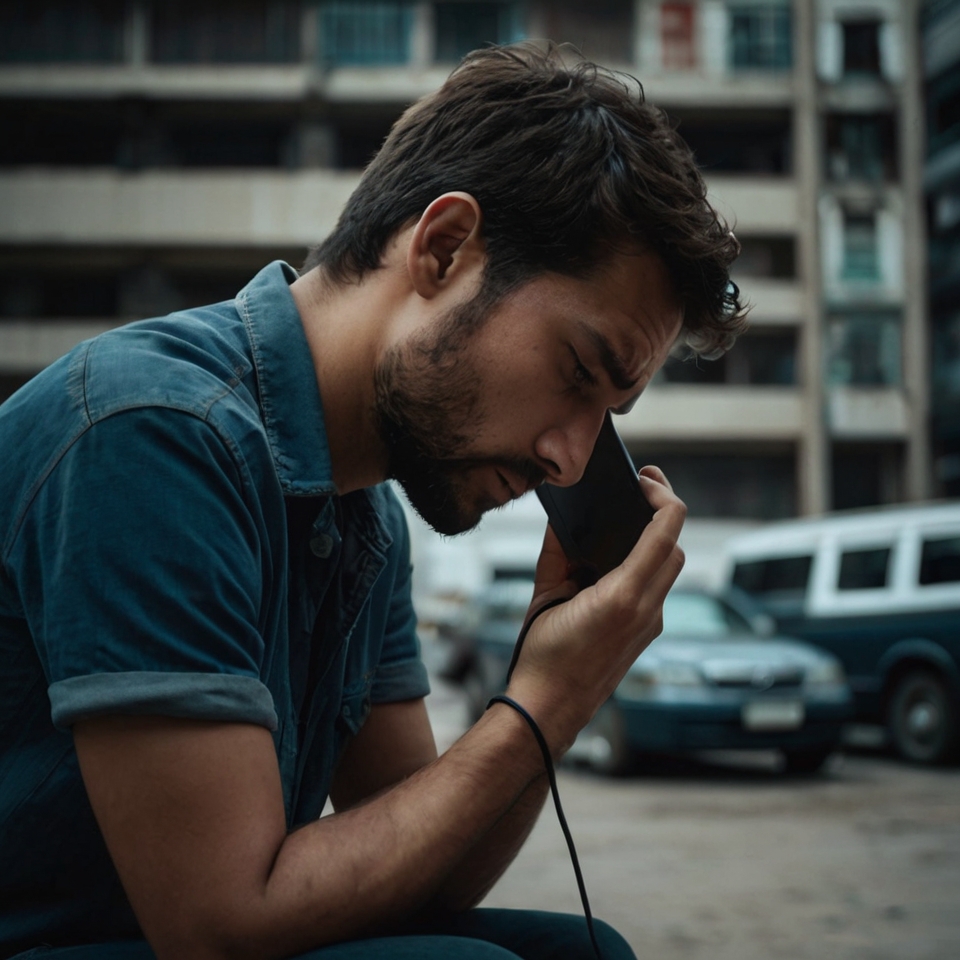 A man hunched over a phone with a defeated expression, surrounded by empty coffee cups, conveying the feeling of being stuck in a cycle of overthinking