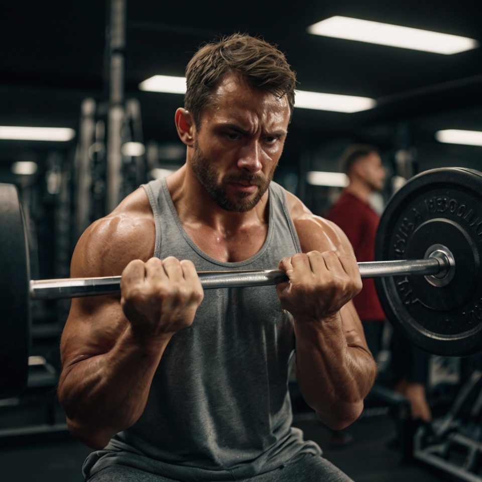 A man at the gym, lifting weights with fierce determination, sweat dripping, symbolizing transformation through pain