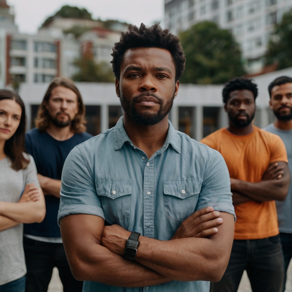 A man confidently standing with his arms crossed, facing a group of people, symbolizing setting boundaries and building healthier connections