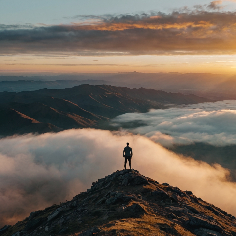 A man standing on a mountain peak at sunrise, overlooking a vast horizon, representing new beginnings and personal growth