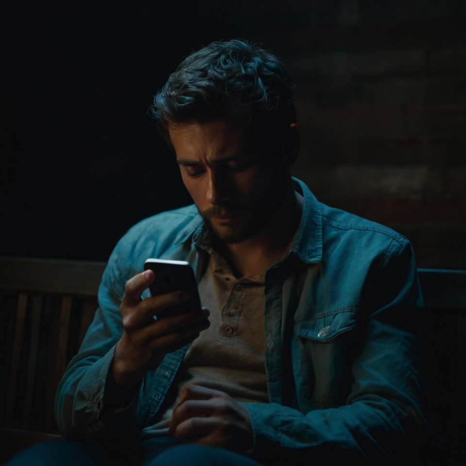 Man staring at his phone, lost in thought—symbolizing the emotional trap of scrolling through an ex’s social media