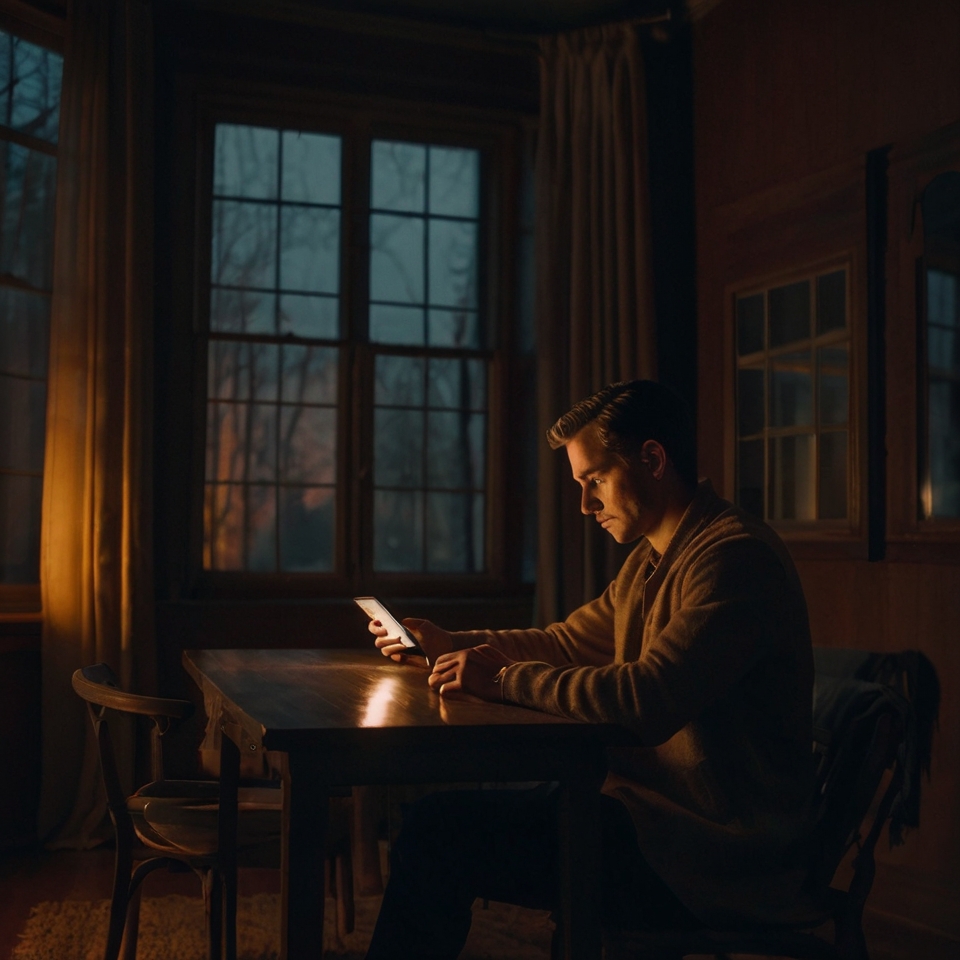 Man sitting alone in a dimly lit room, staring intently at his phone—reflecting isolation and emotional disconnect in the digital age