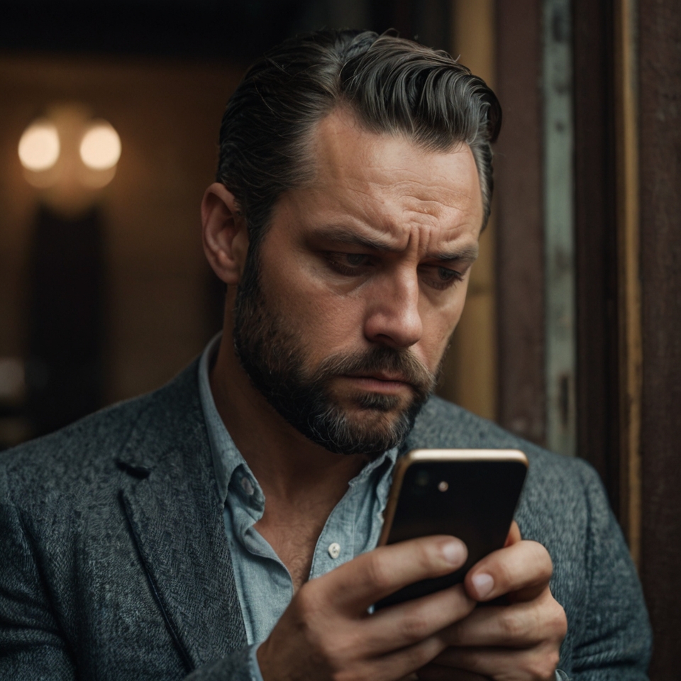 Man obsessively checking his phone—capturing the emotional turmoil of lingering attachment after a breakup