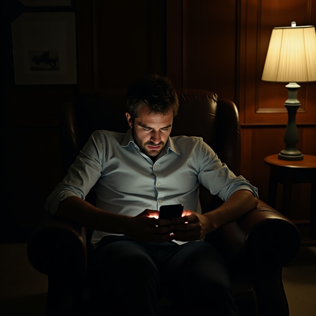 Man sitting alone in a dimly lit room, looking down at his phone with a pained expression, symbolizing emotional vulnerability