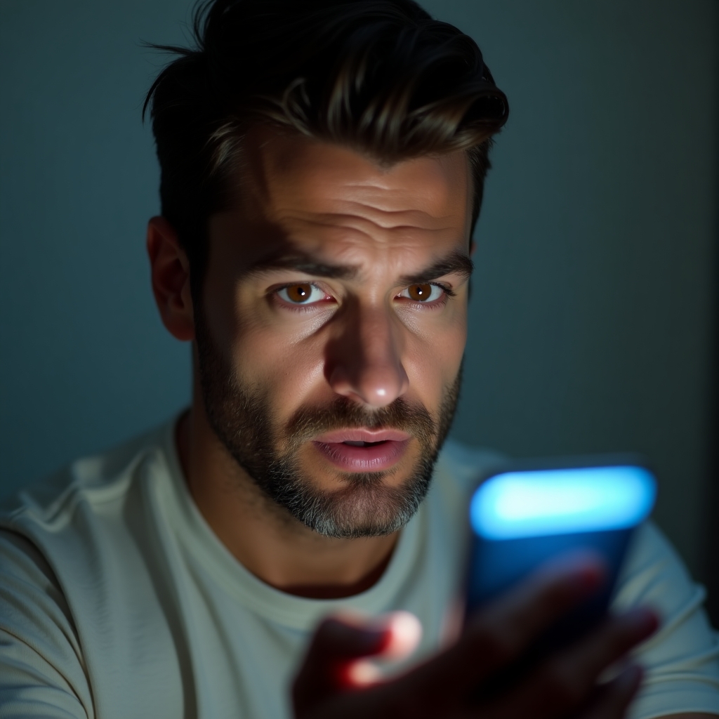 Man staring at his phone with a conflicted expression, symbolizing the emotional struggle of sending ‘one last text