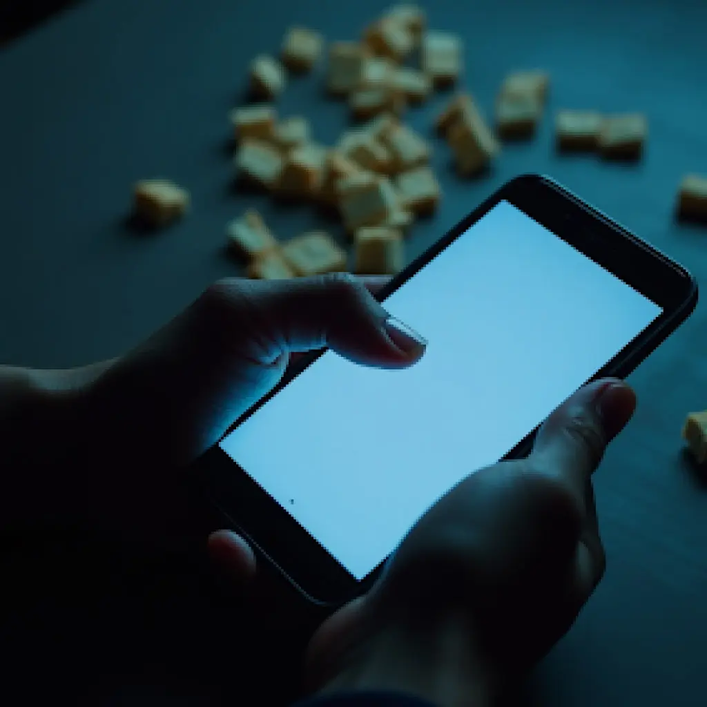 Person holding a smartphone in a dark room with a blank screen, surrounded by scattered breadcrumbs on a table—symbolizing emotional breadcrumbing and waiting for a message that never comes.